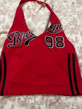 Red Halter Tank Top with Black Trim and '98' Graphic